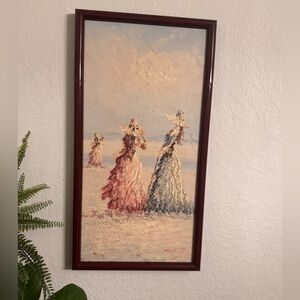 Vintage original oil painting signed by artist, Victorian beach ladies